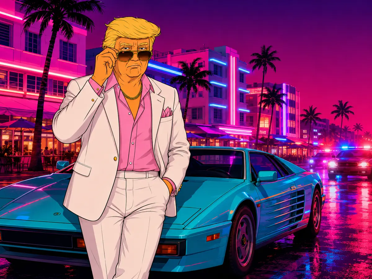Vice Trump beside a sports car on neon Ocean Drive